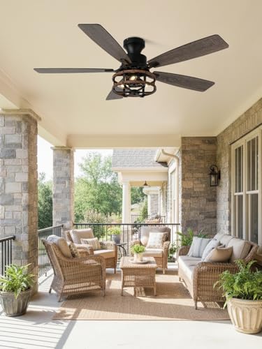 Image of 52 inch Farmhouse Rustic Flush Mount Caged Ceiling Fan with Light