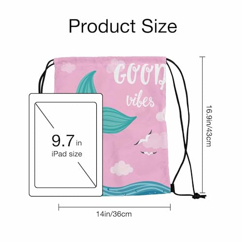 Drawstring Backpack Bag Good Vibes Lettering Green Mermaid Tail Blue Sea Two Seagulls Lightweight Backpack Soccer Ball Bag Sutiable for Sports Beach Short Travel Stroage 14x16.9 Inch2