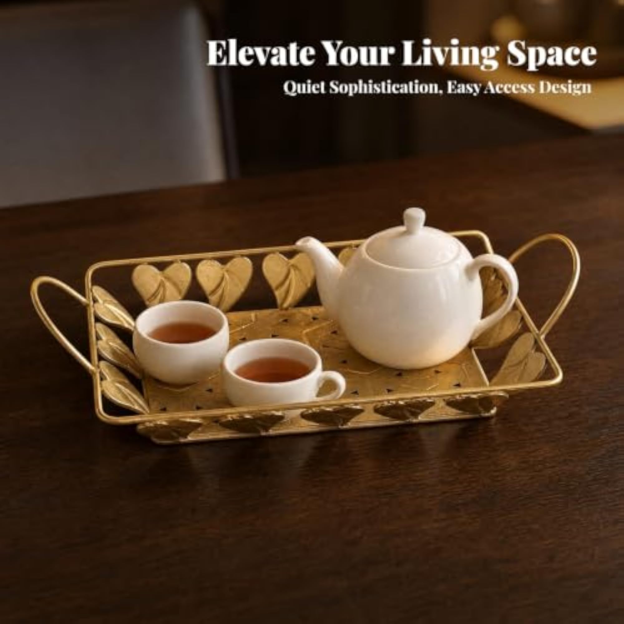 Rectangular Metal Tray with Handles, Decorative Gold Vanity Design