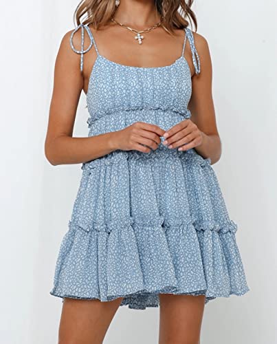 Image of Mansy Womens 2026 Summer Floral Mini Dress Boho Flowy Skater Dresses Short Sleeveless Ruffle Spaghetti Strap Dress