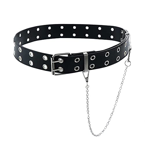Leadigol Double Grommet Leather Belt with Chain, Punk Black Belt Waist Belt Long Pin Buckle Belt for Women Men Jeans(black)