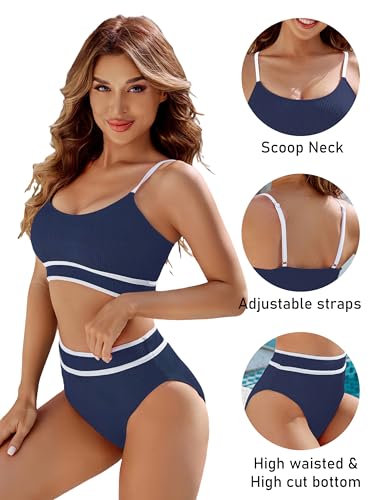Image of BMJL Women's High Waisted Bikini Ribbed Two Piece Swimsuit High Cut Color Block Adjustable Straps Bathing Suit