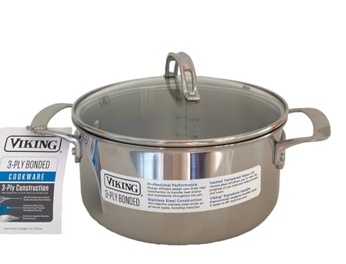 Viking 4 Qt. 3-Ply 18/8 Stainless Steel Stock Pot w/Glass Lid, Soup Pot (40011-3004B) Gas/Electric/Oven SAFE 9 Dia. x 4 inch Depth