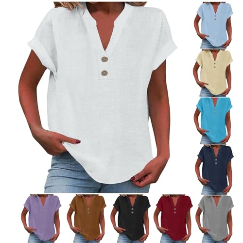 t Shirt Damen,Vintage Tops,Moderne Freizeitbluse mit V-Ausschnitt, Knopfleiste, Kurzarm und Unifarbe, White,L