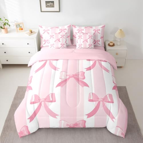 Image of Princess Bow King Size Comforter Set with Sheets | Kawaii Bow 7-Piece Bedding Set Dreamy Ribbon Bowknot Bed in a Bag, Watercolor Pink Striped Bed Sets,Cute Room Decor Aesthetic