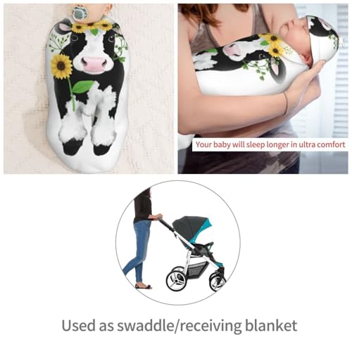 Image of Ornate Cow in Sunflowers Newborn Swaddle Blanket with Beanie Set Soft Baby Sleep Sack Stretch Adjustable Swaddle Wraps Receiving Blankets