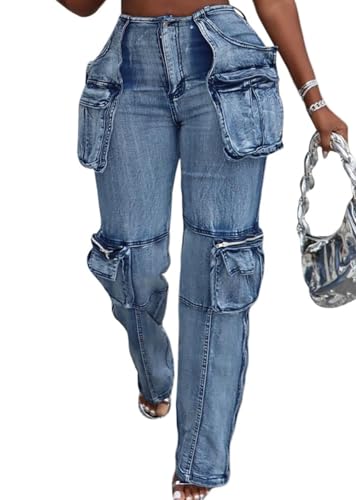 Women's Stretch Cargo Jeans Y2k High Waisted Skinny Straight Leg Vintage Denim Pants