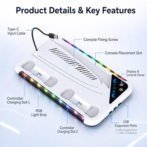 Image of PS5 /Slim /Pro Stand for Disc & Digital Console, Dual Controller Charging Station, PS5 Cooling Station with RGB Light & 3 Level Cooler Fan, PS5 Accessories with Headset Holder, Game Card Holder