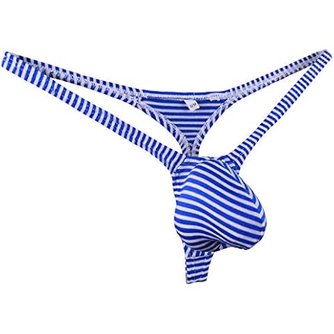 WOSESE Men's G-Strings Bulge Pouch Thongs Underwear Stripes WSS30 (L/XL, Blue) Cover