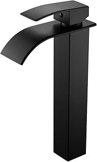 Ankoory Bathroom Waterfall Basin Mixer Taps, High Rise Basin Faucets, Mono Single Lever Tall Tap for Washroom Counter top, Modern and Square Design, Include Flexible Tails, Brass (Matte Black)