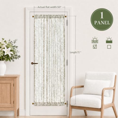 Image of jinchan Alice Floral French Door Curtain Farmhouse Linen for Sliding Glass Door 72 Inches 1 Panel with Tieback Light Filtering Curtain for Window Patio Rod Pocket Green on Linen