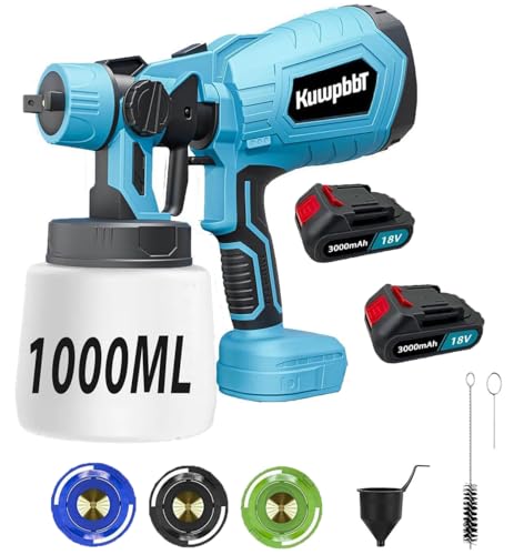 Akku Spritzsystem, 1000 ml HVLP-Sprühmaschine, 3 Kupferdüsen-Sprühpistolen, Sprühmaschine mit 18V bürstenlosem Motor, Luftfreie Sprühmaschine für Wand-Innen- und Außenbeschichtungen (2X3.0Ah Akku)