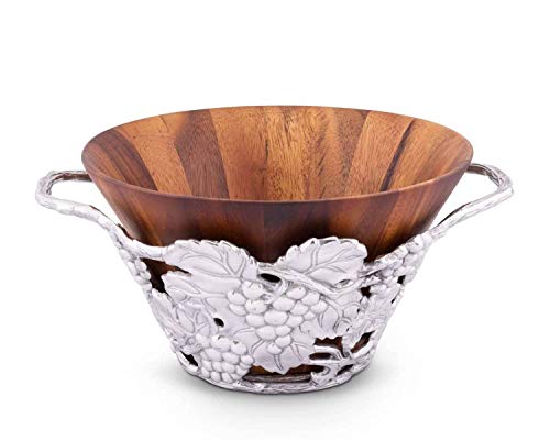 Arthur Court Designs Acacia Wood Salad Bowl with Aluminum Grape pattern stand 12\" Diameter - Thumbnail 3