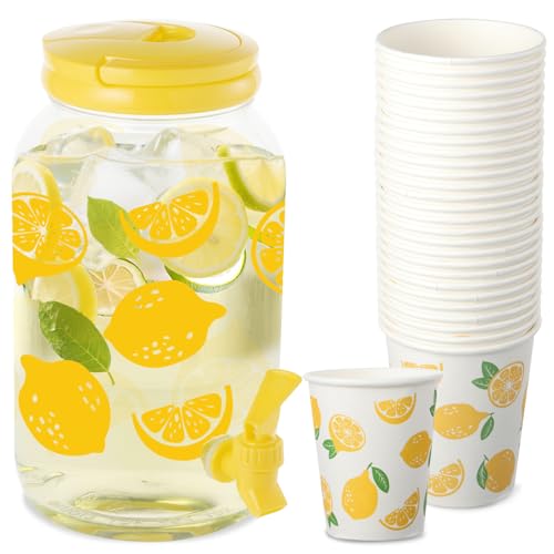 Lemon Plastic Drink Dispenser and 50 Pcs Lemon Paper Party Cups 1 Gallon Iced Beverage Dispenser Tea Jar with Spigot and Carrying Lid Clear Dispenser for Lemonade Stand Lemon Juice Tea Beer