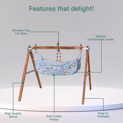 Image of Wooden Baby Cradle with Hanging Jhula | Newborn to Infant Swing Bed with Cloth Hammock | Comfortable & Portable Crib for Baby Sleeping - Brown 01