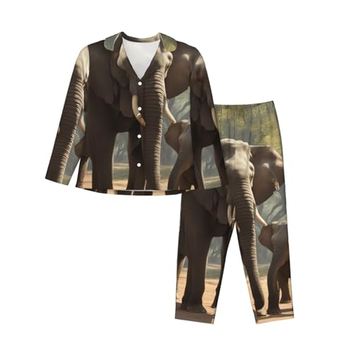 Pyjama manches longues femme vêtement de nuit imprimé éléphant deux pièces