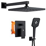 HIMK Shower System,Wall Mounted Shower Faucet Set for Bathroom,High Pressure 10' Rain Shower head and 3-Setting Handheld Shower Head Set,Pressure Balance Valve,Matte Black