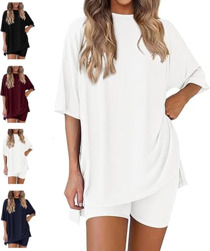 Peshoriadm Two Piece Lounge Set, 2025 Summer Casual Comfort Oversized Shirts Shorts Matching Women's Two Piece Set (white,XXL)