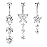 Crdifu 3pcs Belly Button Bars 10mm Silver 14G Navel Rings Stainless Steel Butterfly Heart Flower Dangle Belly Piercing Jewellery