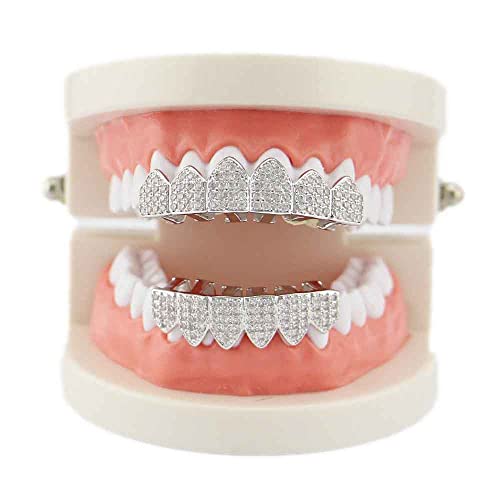 Psivika Diamond Grills Gold Plated Shiny Hip Hop Teeth Grillz Caps Iced Out Cz Top And Bottom Vampire Fangs Grillz For Men And Women (Silver) #TOP1