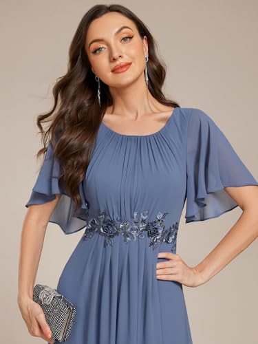 Image of Ever-Pretty Women's Classic Round Neck Pleated Short Sleeves Chiffon Appliques Floor Length A Line Formal Evening Dresses