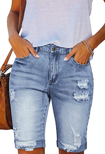 Hapcope Women's Bermuda Shorts Mid-High Waisted Folded Hem Denim Shorts Frayed Ripped Jean Shorts Light Blue Xl #TOP21