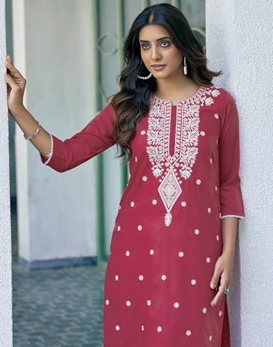 Image of SIRIL Women's Cotton Blend Straight Fit Straight Chikankari Embroidery Kurta