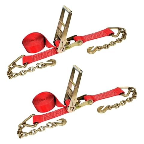 Mega Cargo Control 3" x 40' Ratchet Straps w/Grab Hooks and Chain End, Red Anchor Straps - 2 Pack Cover