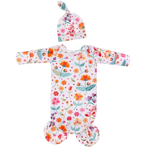 Image of MVUOCR Newborn Baby Girl's Knotted Gowns Floral Baby Sleeper Infant Nightgowns Gift and Soft Coming Home Outfit with Hat