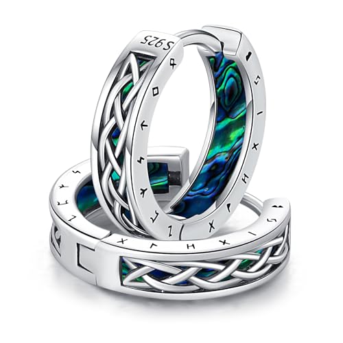 Viking Earrings Norse for Men Women 16mm 925 Sterling Silver Huggie Rune Celtic Hoop Earring Viking Jewelry Gifts Sturdy Punk Hoop Earrings Silver