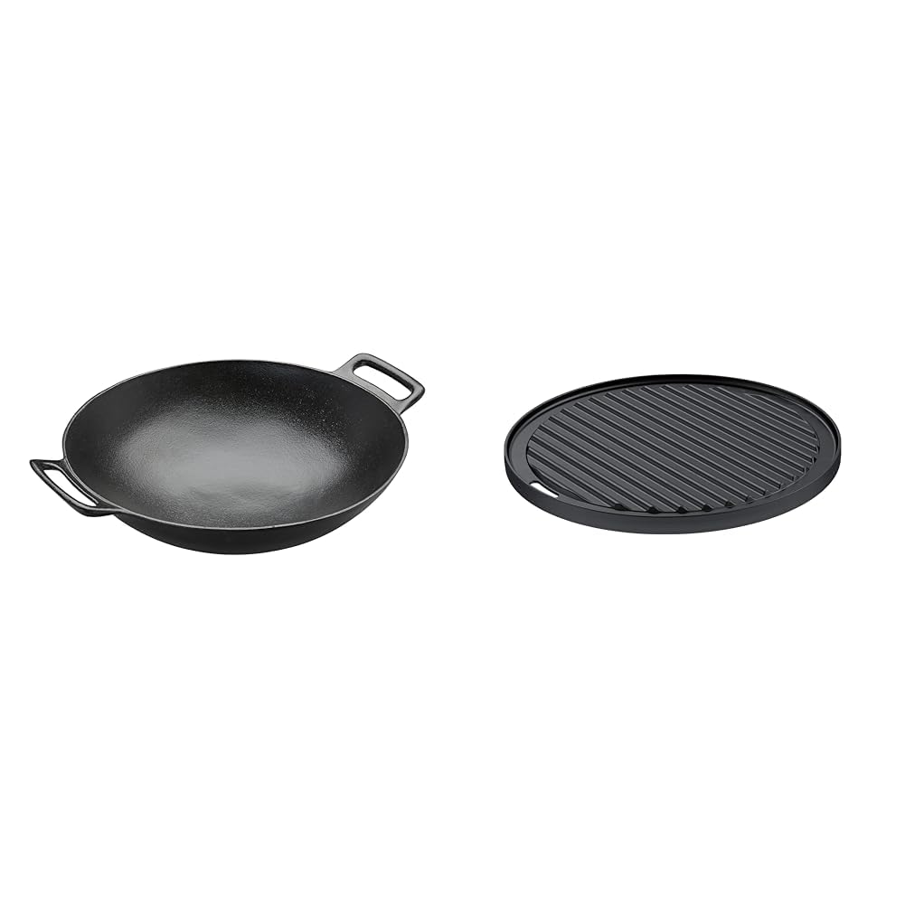RÖSLE VARIO Wok, Hochwertiger Wok aus emailliertem Gusseisen zum scharfen Anbraten & VARIO Grillplatte, Hochwertige Grillplatte aus Gusseisen
