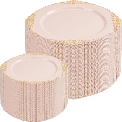 Joyido 200PCS Pink and Gold Plates - Pink Plastic Plate - Fancy Disposable Plates with Gold Rim - Vintage Wedding Dinner & Dessert Plate for 100 Guests for Wedding & Bridal Shower