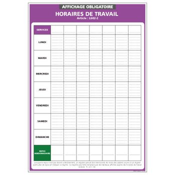 Signalétique.biz France - Panneau - Horaires de Travail - Plastique rigide PVC 1,5 mm - Dimensions 300 x 210 mm - Protection Anti-UV