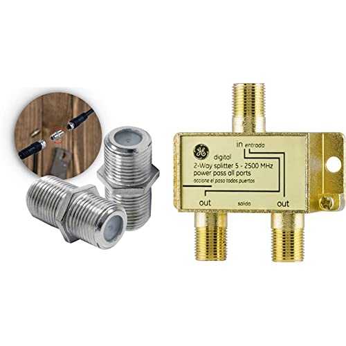 Ge Coaxial Cable Extension Adapter Couplers, 2-Pack, Works On F-Type Rg59 Rg6 Coax Cables, 23203 & Ge Digital 2-Way Coaxial Cable Splitter, 2.5 Ghz 5-2500 Mhz, Rg6 Compatible, Works #TOP26