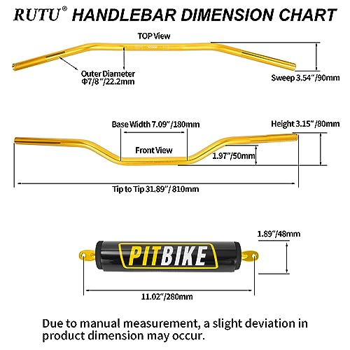 Image of Motorcycle Handlebars 7 /8 Inch,RUTU Universal Dirt Bike Handle Bar with Crossbar Pad Low-Rise Drag Bar for Motocross ATV Quad-Golden