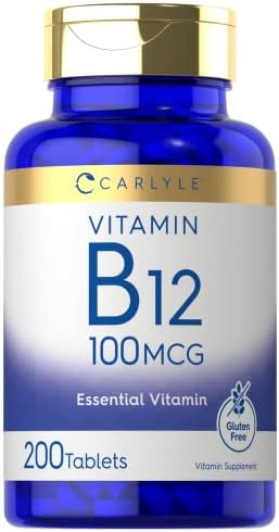 Carlyle Vitamin B12 100mcg | 200 Tablets | Essential Vitamin Supplement | Vegan, Non-GMO, and Gluten Free Formula