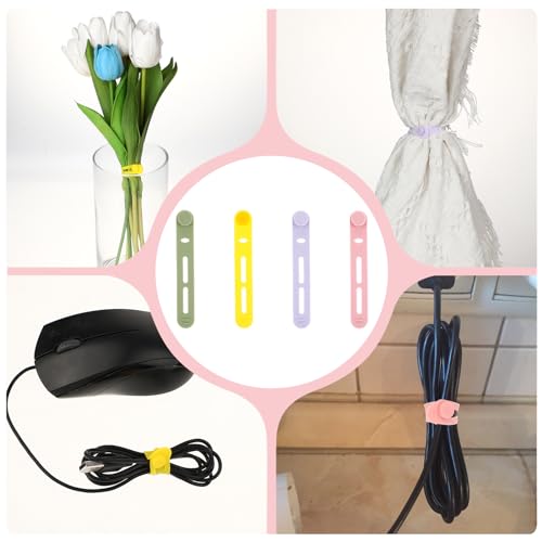 Molain Herbruikbare kabelbinders, 20 stuks verstelbare siliconen kabelriemen, draadorganizer voor oplaadkabels, oortelefoon, computer, bureau, kabelbeheer, reisaccessoires (geel+roze+paars+groen) - Afbeelding 8