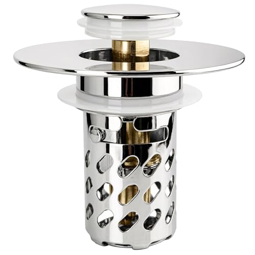 REZZI Sink Plug Replacement Universal Pop Up Stopper with Removable Stainless Steel Filter Basket Catcher Sink Stopper Replacement for Bathroom and Kitchen Suitable for 26mm to 46mm Chrome