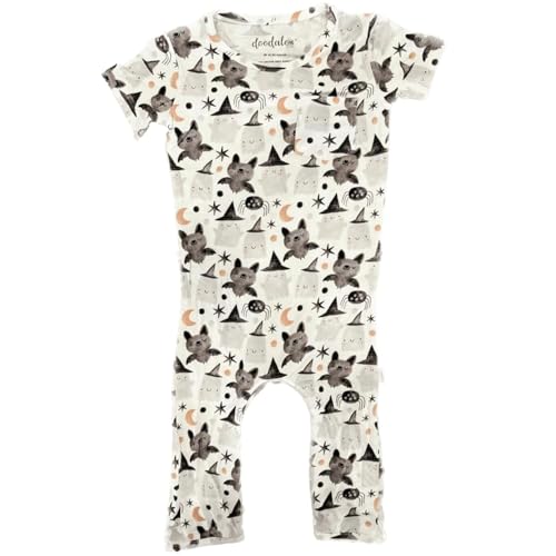 Image of Doodalou Soft Bamboo Viscose Baby Romper, Short Sleeve with Pants, Zipper Inseam Closure with Front Pocket Pacifier Clip (Squad Ghouls, 12 Months)