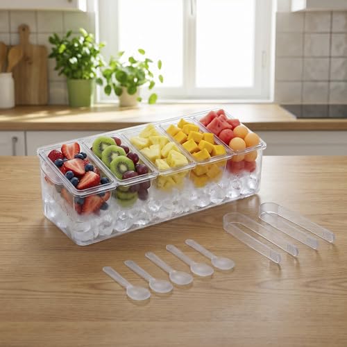 Quntharil Condiment Caddy, 5 Compartment Ice Chilled Serving Tray, Serving Platter Condiment Container with Separate Lid, Fruit Garnish Tray for Party Supplies & Bar Accessories (5 Spoons & 2 Tongs) by Quntharil - Used condition - Image 5