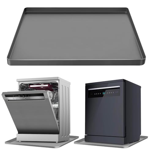 23.6x19.6 Inch Dish Washer Drain Pan Silicone Mat - Under Washer Machine Drip Pan Non-Slip Leak Dryer Dish Wash Pan Tray Waterproof Portable Anti-Vibration Soft Mats Pad for Floor Protection Grey