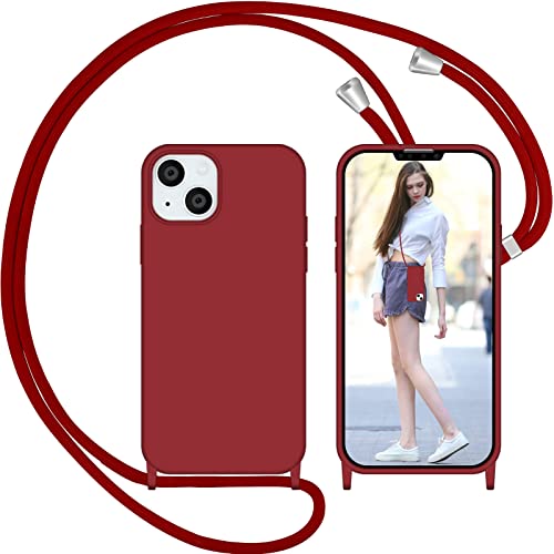 Nupcknn Coque avec Cordon pour iPhone 13, Liquide Silicone Coque Collier Réglable Téléphone Étui Portable Lanyard Case Protection Complète Cover de iPhone 13(Rouge)
