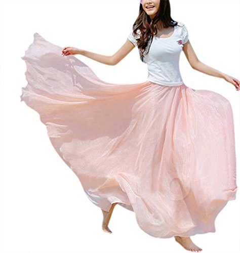 Feoya Mujer Maxi Larga Falda Bohemia Dobladillo Grande Chifón Skirt - Rosa