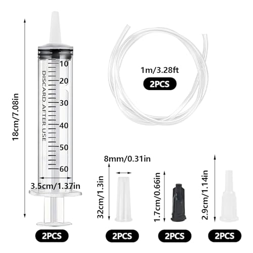 2 Stück 60ml Spritze mit Schlauch, 60ml (50ml) Wiederverwendbare Dosierspritze, Einzeln verpackt Spritze ohne Nadel für wissenschaftliche Labore, Gartenbewässerung, Industrie