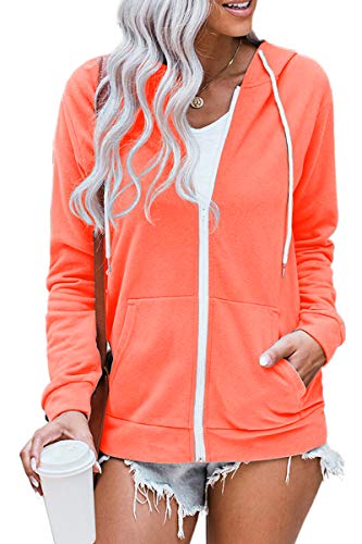 WROLEM Women Casual Zip Up Hoodie Lightweight Comfy Loose Long Sleeve Sweatshirt Solid Color With Pockets Orange