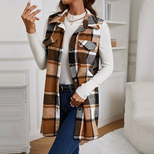 Plaid Vest for Women Trendy Casual Button Down Sleeveless Long Shacket Lightweight Comfy Lapel Neck Jacket Outerwear4