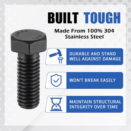 Image of Zonon 50 Pcs 3 /8-16 x 1 Hex Head Screw Bolt 18-8 (304) Stainless Steel Hexagon Bolts, Fully Threaded, Plain Finish, External Hex Drive (Black)