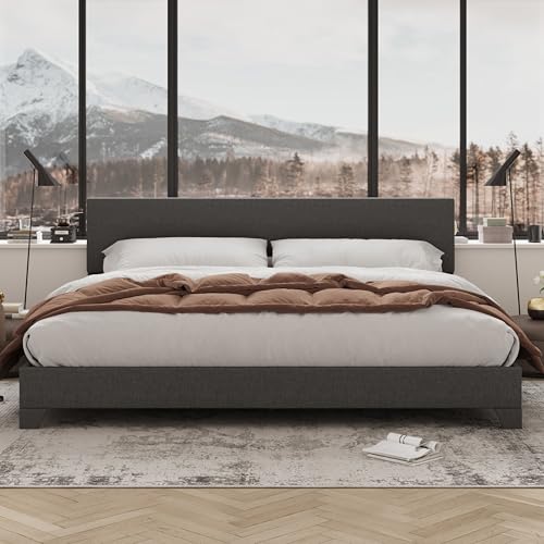 Image of Allewie King Size Upholstered Bed Frame Adjustable Headboard, Dark Grey