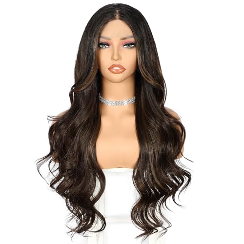 Sapphirewigs Highlight Lace Front Wig Dark Brown Dark Roots Synthetic Body Wave Synthetic Lace Front Wigs Party Date Daily Wear Christmas Natural Looking 26 inch - Image 3