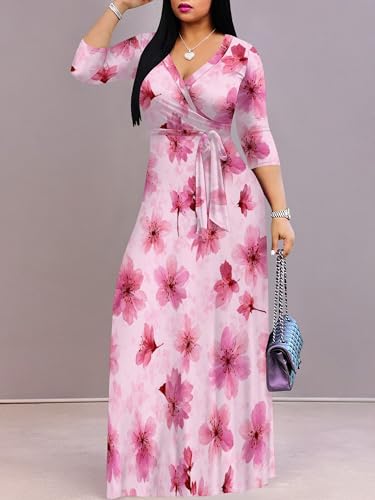 Image of SUZONANA Plus Size Dresses for Women Floral Print Maxi Dress Flowy 3 /4 Sleeve with Belt